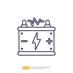 The image depicts a simple line drawing of a battery, featuring positive and negative terminals, with a lightning bolt symbolizing energy flow and a waveform above it.