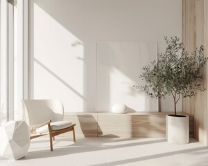 Minimalist living room interior with a white armchair. wooden shelf. potted plant. and a large window with sunlight streaming in