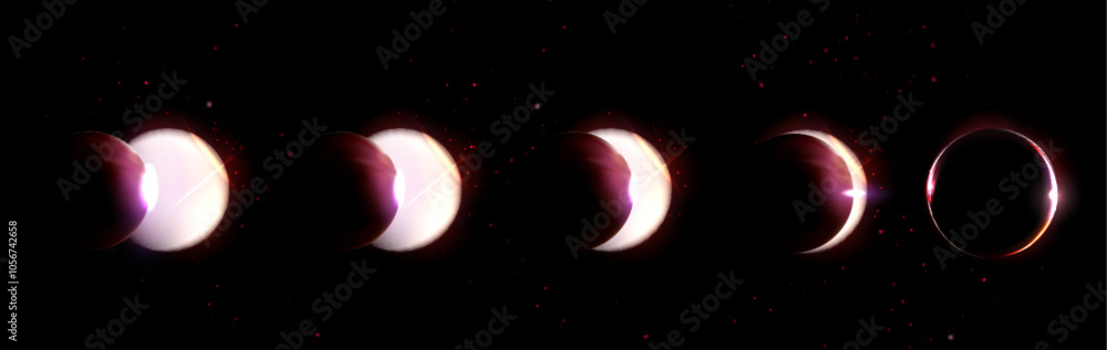 Poster solar eclipse total and partial phase space vector. lunar ring cycle with different sun shine. 3d co