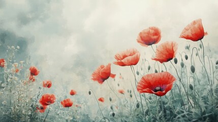 Obraz premium A watercolor field of poppies swaying in the wind, with a muted