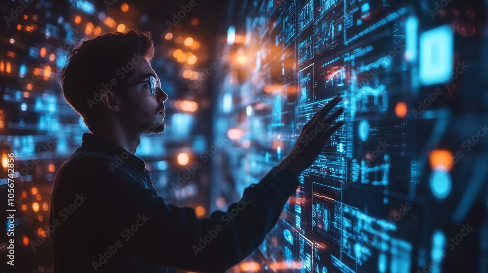 Poster man interacting with a wall of digital data
