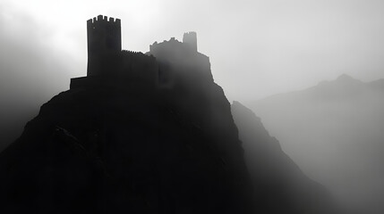 Obraz premium A chilling silhouette of a castle on a foggy mountaintop.