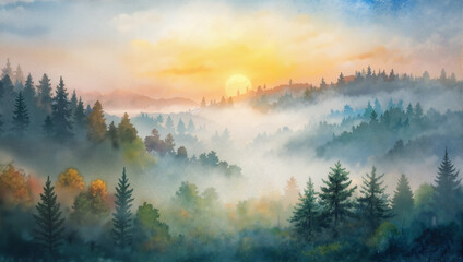 Naklejka premium Misty forest at sunrise with soft sunlight and vibrant colors