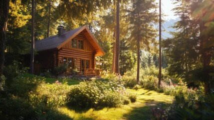 A wooden cabin nestled under the shade of tall pine trees,
