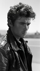 Obraz premium Black and White Portrait of a Man in a Leather Jacket