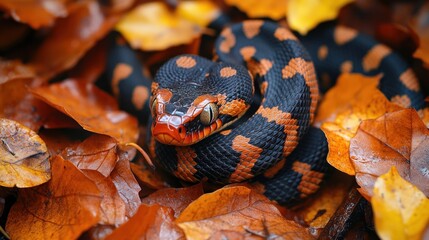 Fototapeta premium A striking snake resting among autumn leaves.