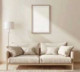 A minimalist living room interior with a beige sofa. floor lamp. and a blank picture frame on the wall