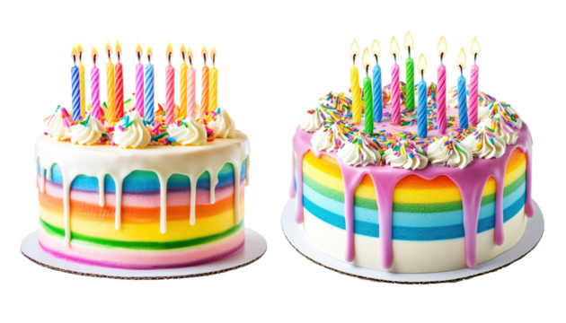 two large rainbow cakes with candles for a birthday.