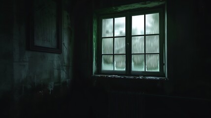 Fototapeta premium Cinematic dark room, window with light green glass, rain cloud visible, old house interior.