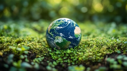 A Miniature Globe Resting on Lush Green Moss