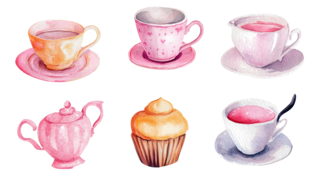 Watercolor Tea Party Elements Inspired by Alice in Wonderland Generative AI