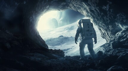 Obraz premium An astronaut exploring a lunar cave, with soft light filtering in from