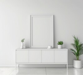 A white framed poster mockup on a white dresser with plants