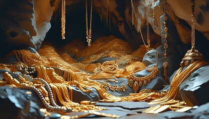 Lots of gold bars, necklaces and bracelets piled high at Treasure Cave.