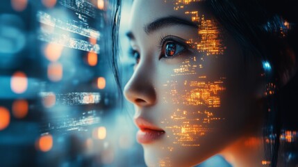 A Woman's Face with Digital Code Overlay