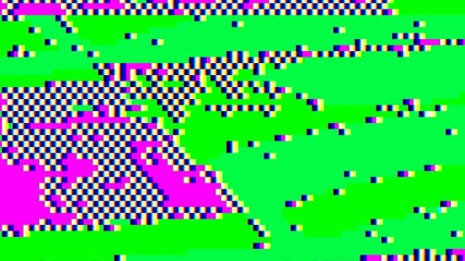 Abstract pixel retro 8bit noise static, square black, pink and green animated retro video game pixelated background, seamless looped vj pattern overlay texture
