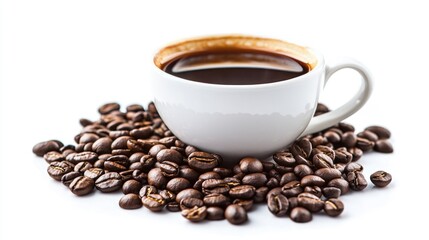 Fototapeta premium Cup Of Coffee And Beans On White Background
