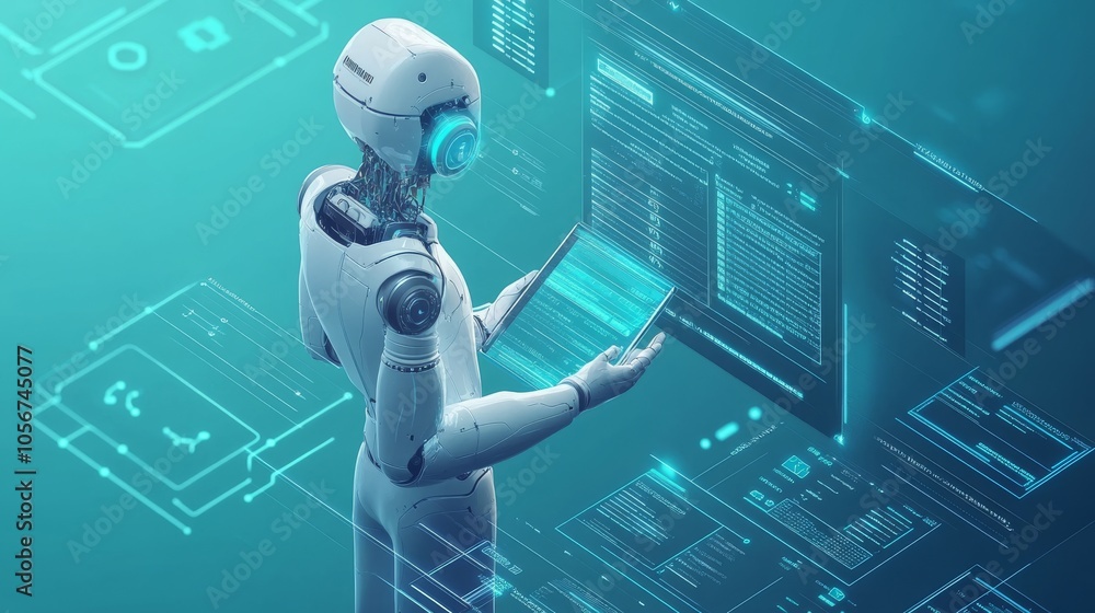 Poster white robot examining data on holographic displays