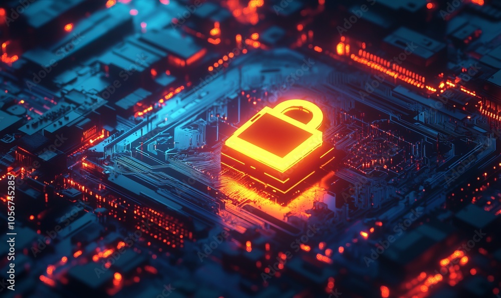 Poster a glowing digital padlock symbolizing cybersecurity and data protection on a futuristic circuit back