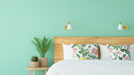 Bedroom with mint green walls, a thrifted floral headboard