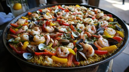 Colorful Seafood Paella with Fresh Ingredients and Herbs
