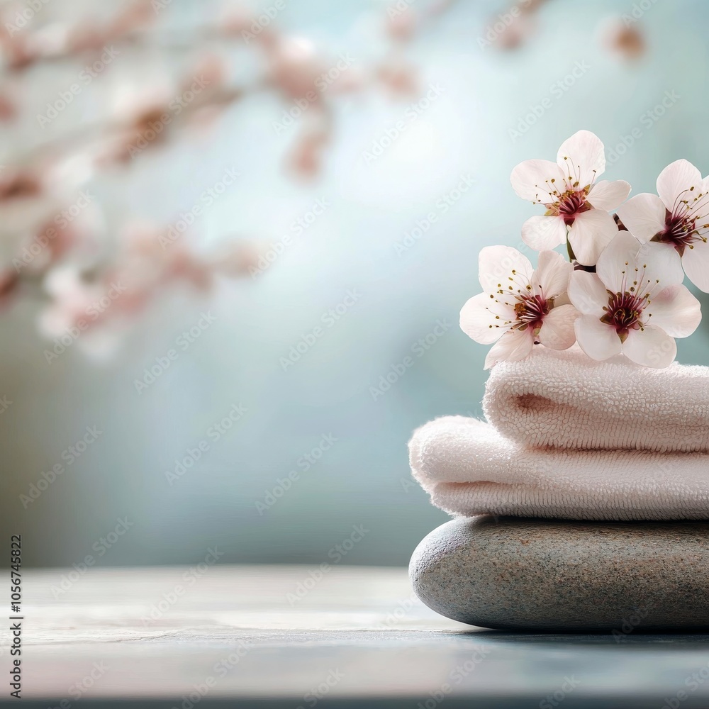 Poster a white towel is stacked on top of two other towels. the towels are placed on a table with a view of