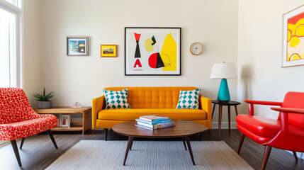 Living area with mix-and-match vintage pieces, statement art, and retro postmodern lamps