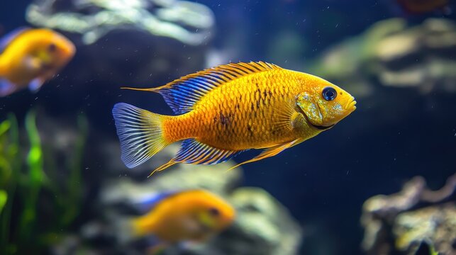 Gold Mbuna Fish Hide In Aquarium Melanochromis Auratus In Fish Tank Cichlids