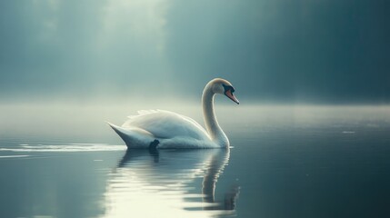 Fototapeta premium A serene swan swimming smoothly across a calm body of water