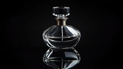 Perfume bottle reflecting on a black surface representing beauty and cosmetics