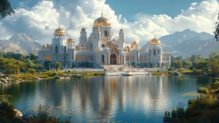 Fototapeta premium Majestic palace by a serene lake surrounded by mountains.