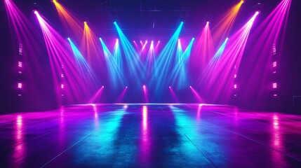 Empty Stage Illuminated with Colorful Spotlights