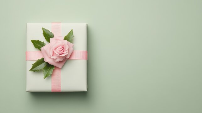 Elegant gift box adorned with a delicate pink rose and green leaves, perfect for special occasions and celebrations.