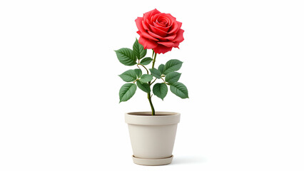 Red Rose Plant in White Pot on White Background