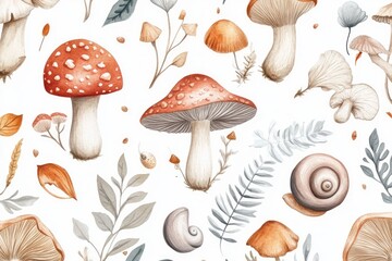 Watercolor Mushroom and Nature Pattern