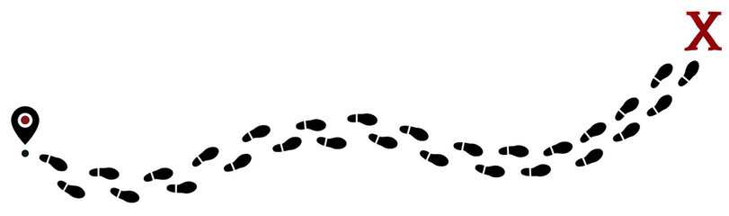 Winding trail of isolated black footprints extends horizontally, starting with a location pin on the left and ending with an X mark on the right. The footsteps suggest a journey or path.

