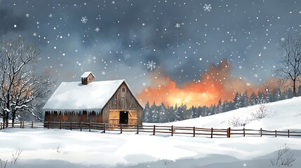 A picturesque scene of a rustic barn surrounded by gently falling snowflakes, set against a backdrop of rolling hills and snowcovered trees, capturing the essence of a peaceful winter countryside.