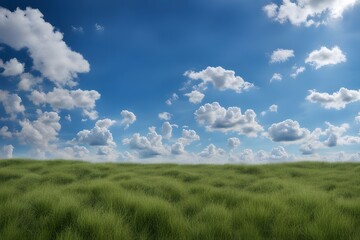 Obraz premium A bright blue sky scattered with small fluffy clouds over a green meadow, Ai Generated