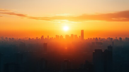 Obraz premium Stunning urban skyline at sunset, displaying vibrant hues of orange and gold over silhouetted buildings, creating a serene atmosphere.