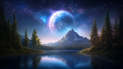 Majestic mountain landscape under a cosmic sky