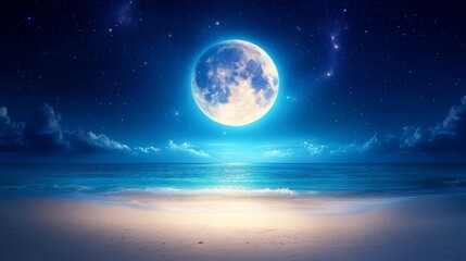 Serene moonlit beach at night with shimmering waves