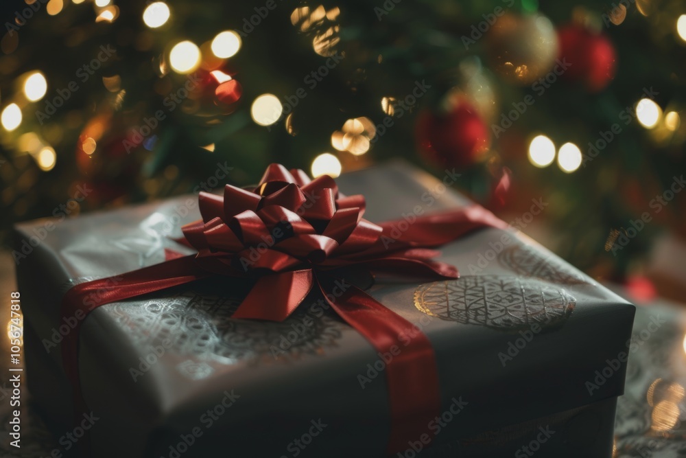 Poster a large box with a red bow on top of it. the box is wrapped in shiny silver paper and has a silver r