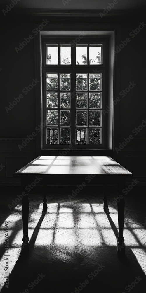 Poster a table with a window in front of it. the window is open and the sunlight is shining on the table