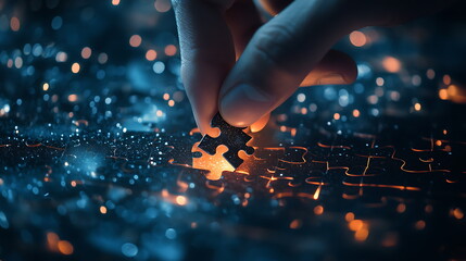 Finger placing a jigsaw puzzle piece on a digital, Generative AI