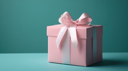 Obraz premium Square pink gift box adorned with a ribbon bow set against a teal blue backdrop