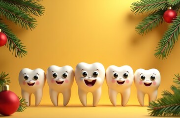 Obraz premium Figures of smiling teeth on a yellow background with a Christmas decoration. Christmas and New Year at the dental clinic. A festive medical concept.