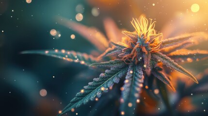 Cannabis blossom with intricate details and rich colors, beautifully illuminated