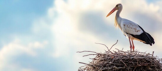 Fototapeta premium Stork Standing In Its Nest In Warm Weather
