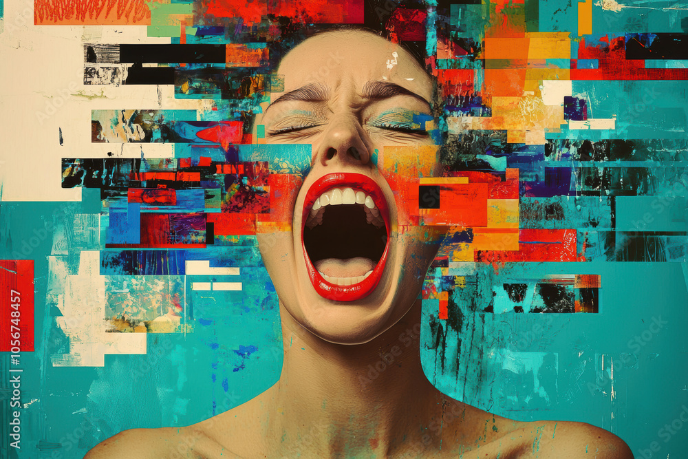 Poster a vibrant abstract portrait shows a person with a wide-open mouth, expressing intense emotion. the c