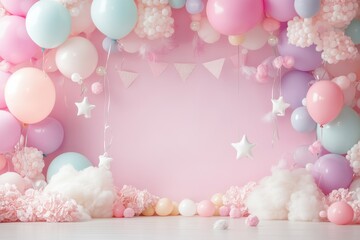 A pink and purple room with a pink wall and pink balloons